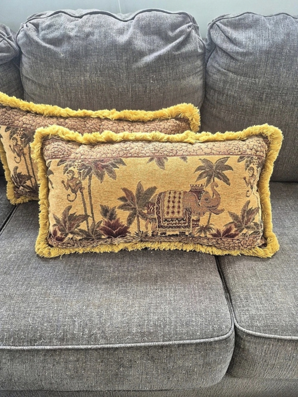 Vintage Safari Elephant Chenille Tapestry Lumbar Pillows Pair Stunning set of 2